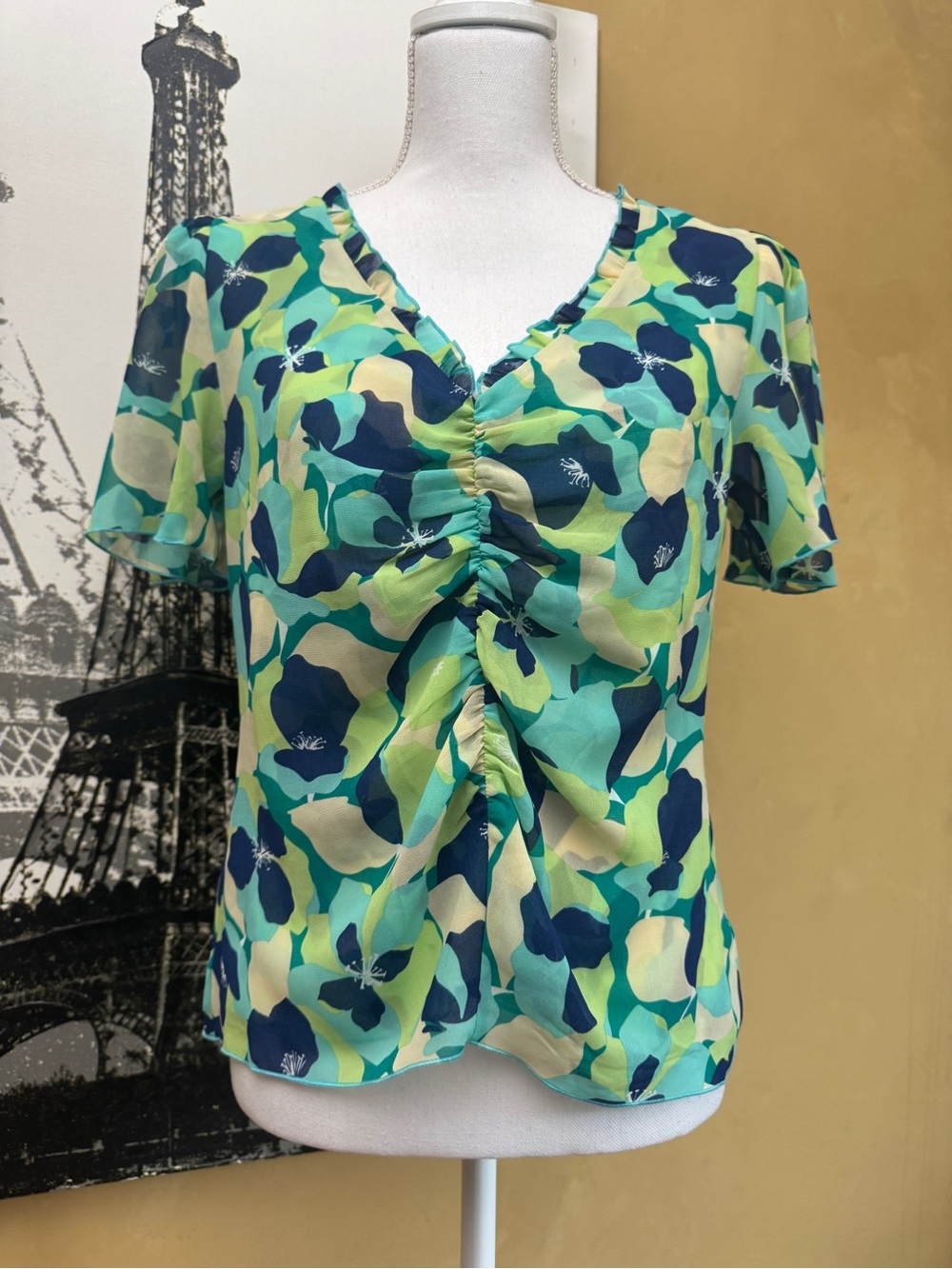 CAbi Green Multi Floral Ruched V-Neck Blouse